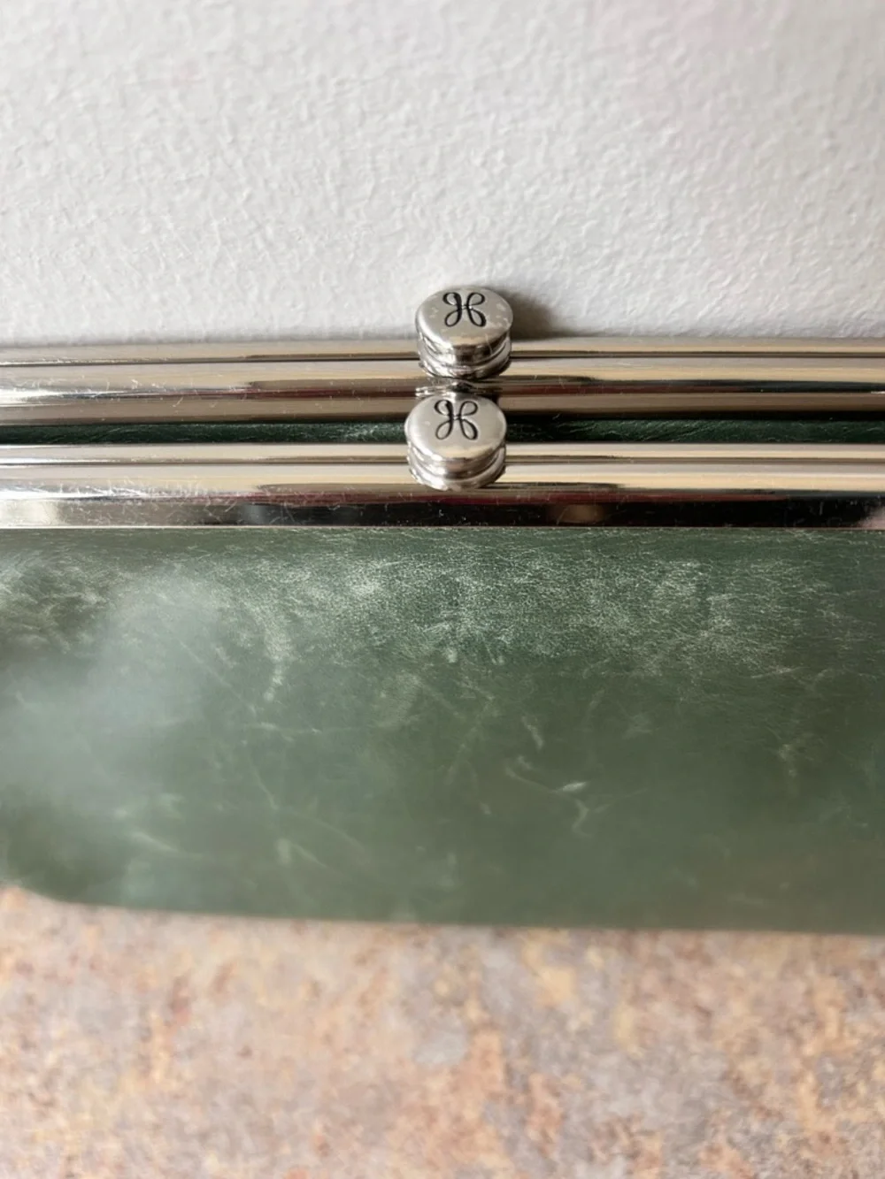 Hobo Distressed Olive Green Double Clasp Leather Wallet